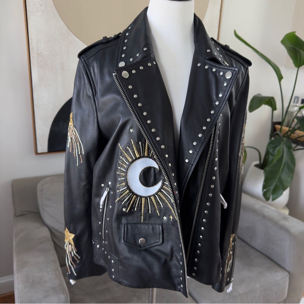 Nasty Gal Real Leather Star and Moon Embroidered Jacket - Picture 10 of 13
